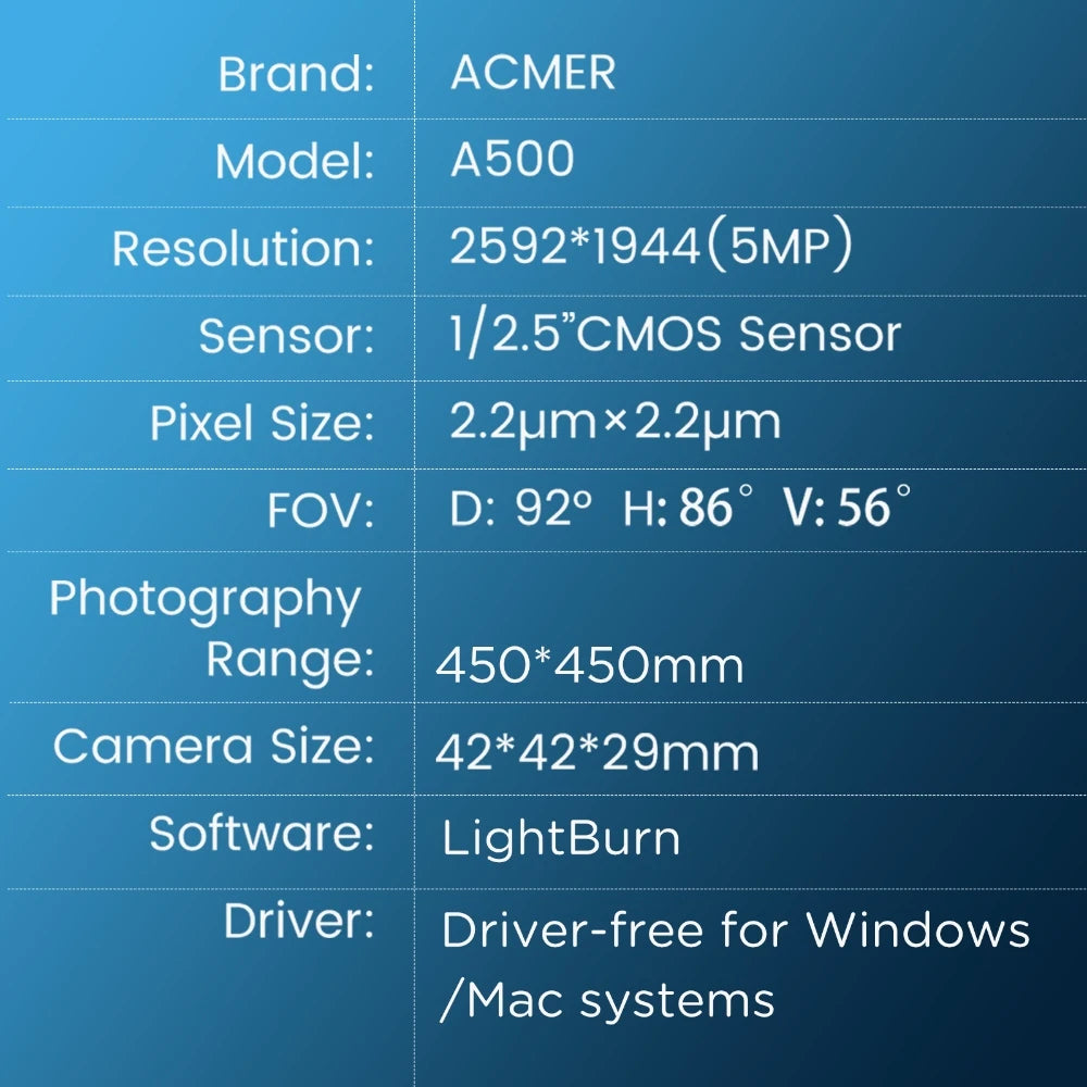 Fotoaparát ACMER A500 Lightbrun Podpora přesného polohování Videozáznam Pro laserové gravírování amer P1 10W P2 33W Series