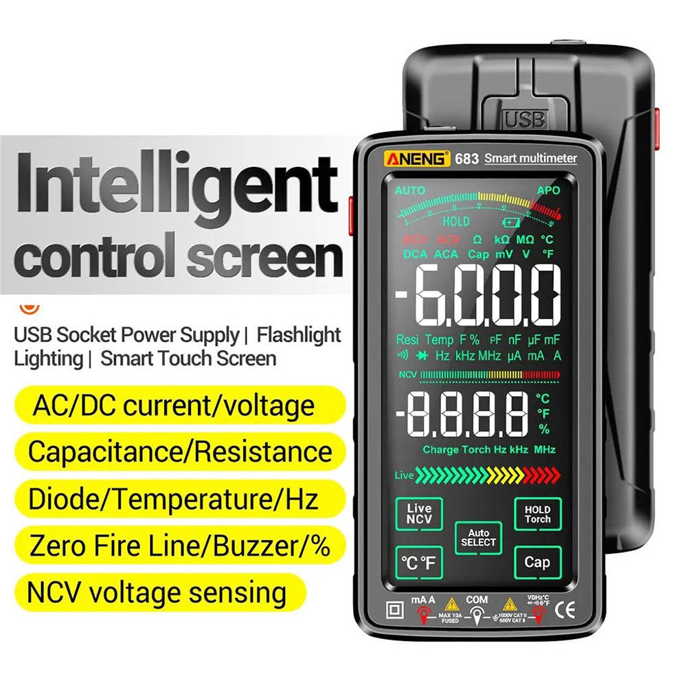 ANENG 683 Digital Multimeter, AC/DC Voltage Current Tester, 6000 Counts, Rechargeable Battery, Auto Range, Smart Touch Screen, Flashlight Lighting - Black