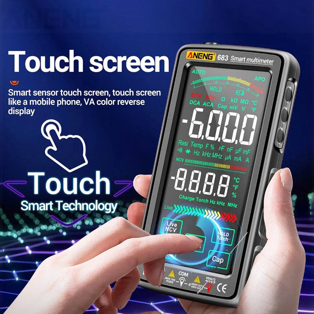 ANENG 683 Digital Multimeter, AC/DC Voltage Current Tester, 6000 Counts, Rechargeable Battery, Auto Range, Smart Touch Screen, Flashlight Lighting - Black