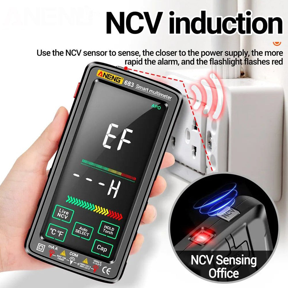 ANENG 683 Digital Multimeter, AC/DC Voltage Current Tester, 6000 Counts, Rechargeable Battery, Auto Range, Smart Touch Screen, Flashlight Lighting - Black