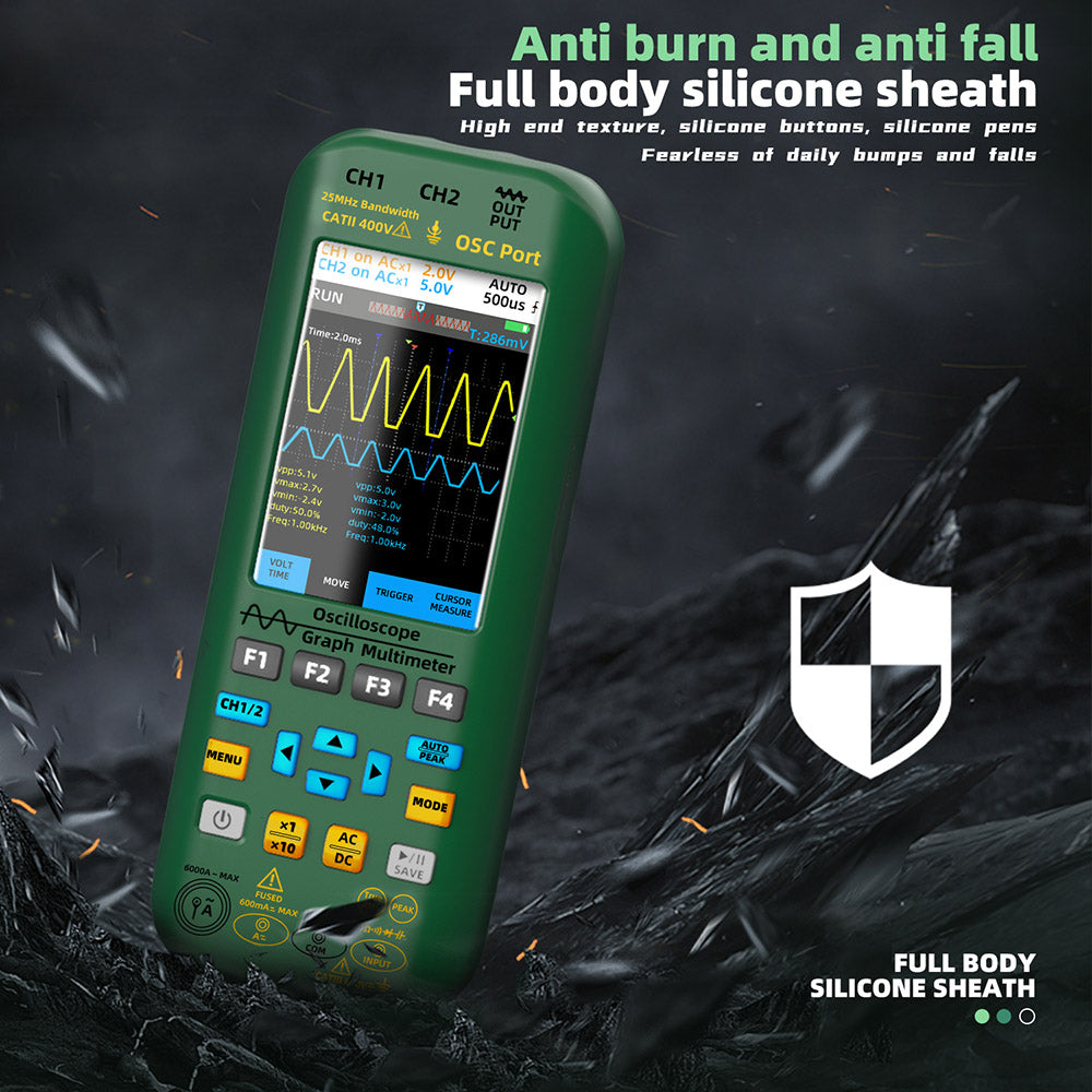 BSIDE O7 3 in 1 Oscilloscope Multimeter, Voltage/ Current/ Capacitance/ Frequency/ Resistance/ Continuity/ Diode Tester, 3.98" LCD Screen, 25Mhz Bandwidth, Dual Channel, Auto Shutdown, 6000 Count - Green