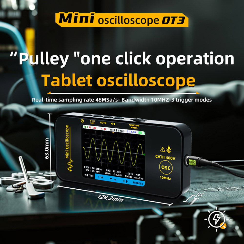 BSIDE OT3 Oscilloscope with Probe, 3.2" TFT Color Screen, 10MHz Bandwidth, Real-Time Sampling 48MSa/s, 1200mAh Battery, for Outdoor Maintenance, Automotive Repair, and Power Detection