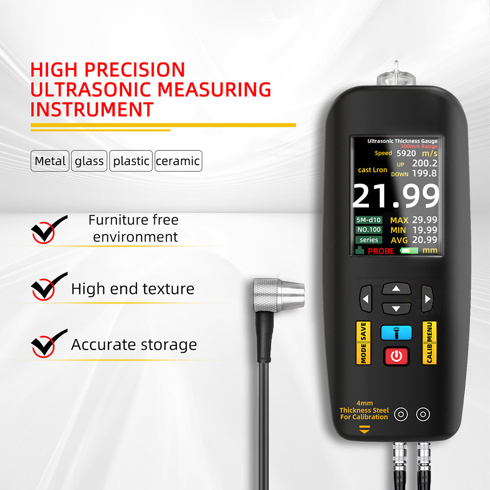 BSIDE T7 Ultrasonic Thickness Gauge, 0.01-300mm Measuring Range, 2.8inch TFT Color Screen, with Flashlight Function, 2000mA Lithium Battery, Black