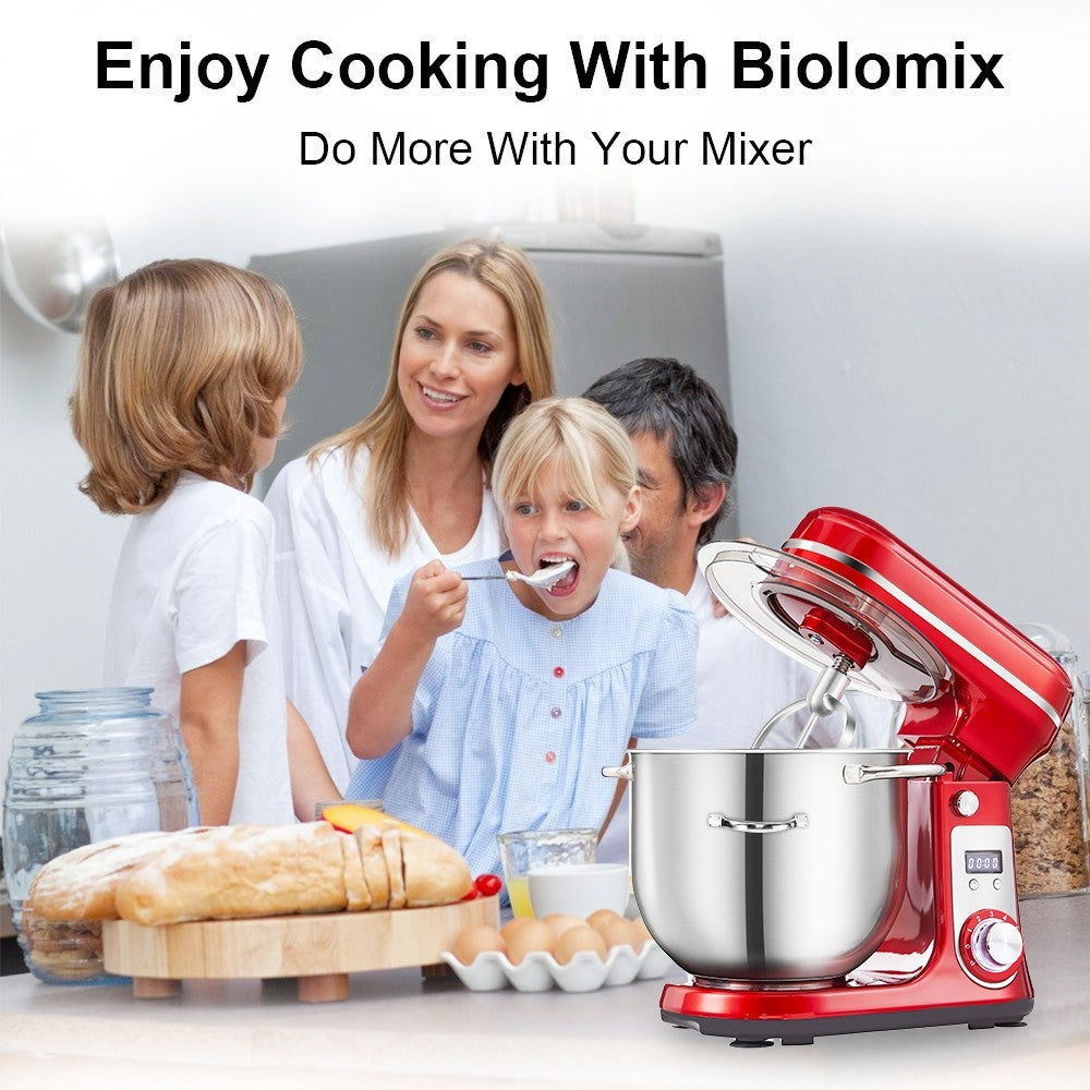 BioloMix BM601 1200W Kitchen Food Stand Mixer, Cream Egg Whisk, Cake Dough Kneader, 6L Capacity, Stainless Steel Bowl, 6-Speed, LED Display - Grey