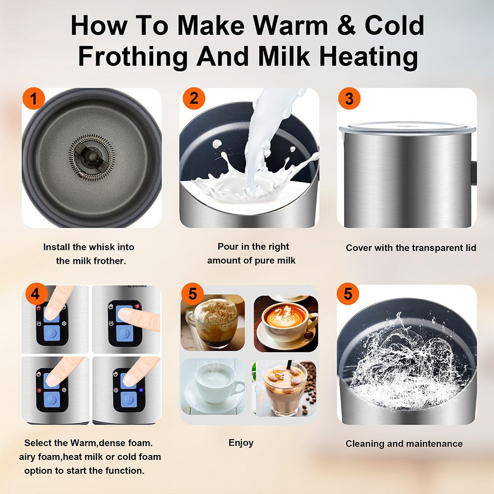 BioloMix MF600 4 in 1 500W Hot Cold Milk Frother, Coffee Frothing Foamer, Automatic Milk Warmer, Food-grade Safe, Double Stainless Steel Wall - Silver