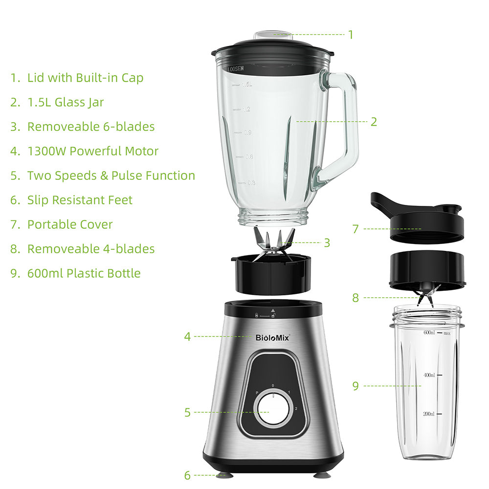 BioloMix SF701 1300W Smoothie Blender with 1.5L Glass Jar, 2 Speed Settings, Pulse Function