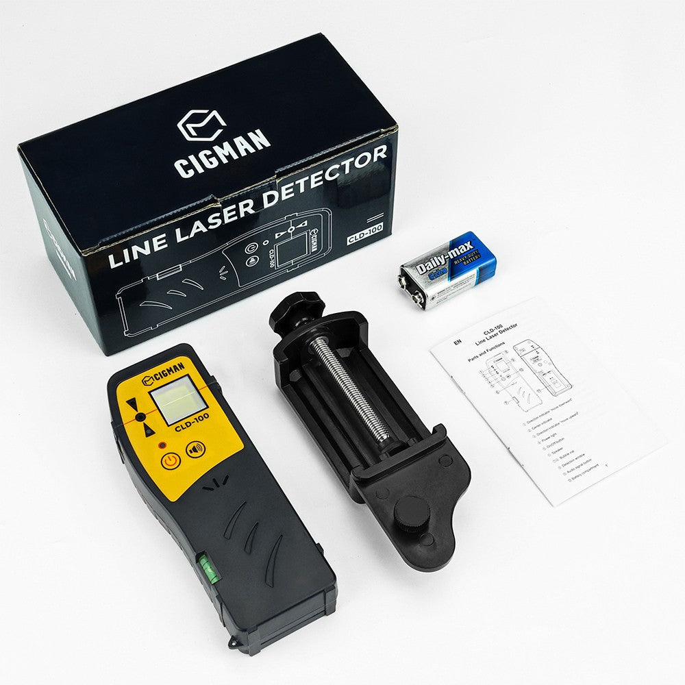 CIGMAN CLD-100 Laser Receiver, 3 Side Indicator Lights, 50M/164ft Working Distance, 10min Auto Shut-off, Suits for Red & Green Beam, Adjustable Beeper, with Rod Clamp and 9V Battery