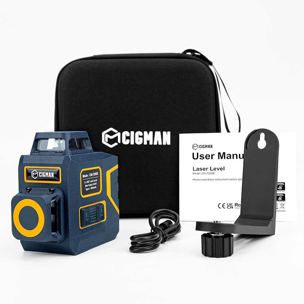 CIGMAN CM-720SE 2x360° 8 Lines Laser Level, Green Cross Line, Self Leveling, IP54 Drip & Dust Proof, with Type-C Rechargeable, Magnetic L-Shaped Base