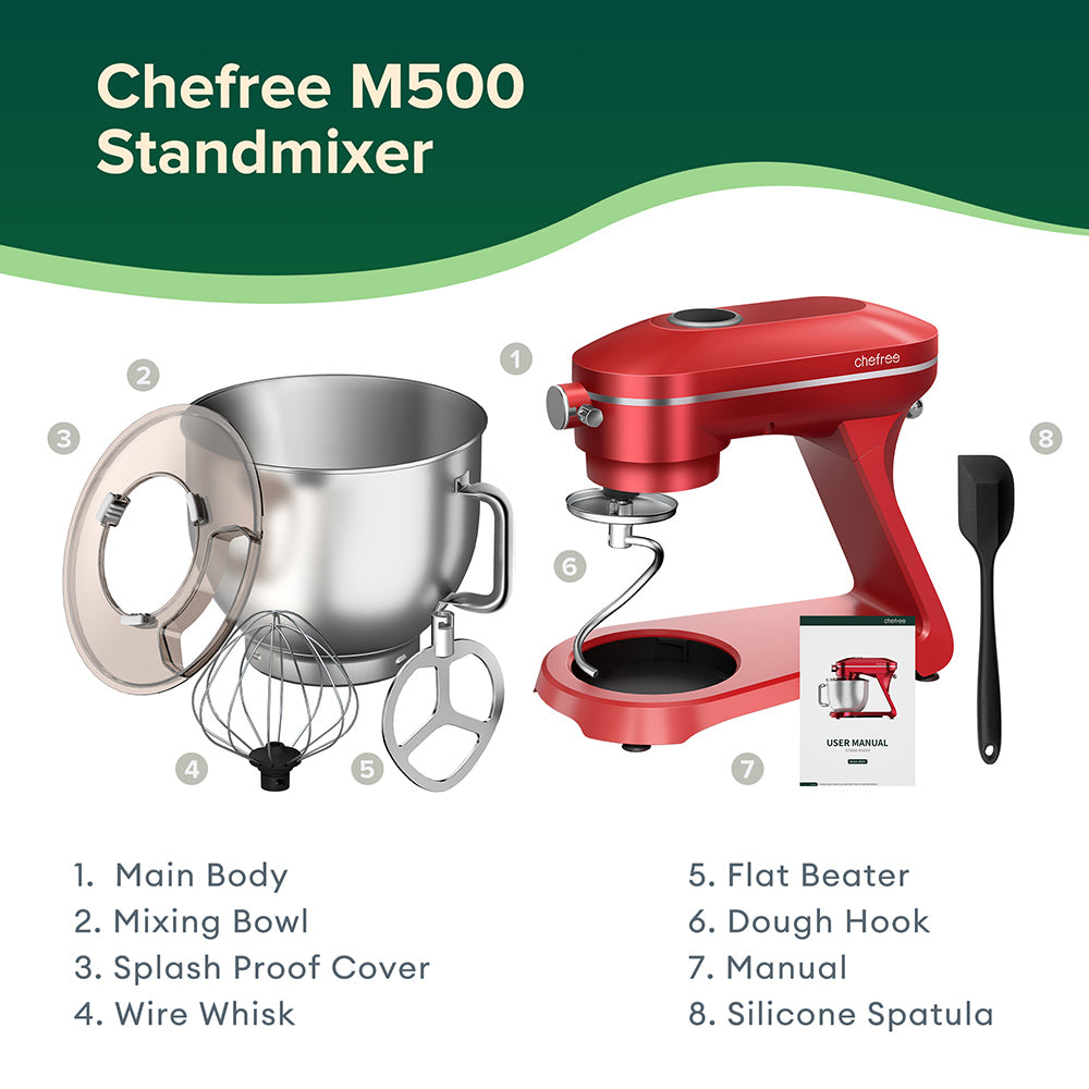 Chefree M500 Kitchen Stand Mixer, 7L Stainless Steel Bowl Dough Machine, 10 Speed Levels, 3 Mixing Attachments, 1800W Power, Red