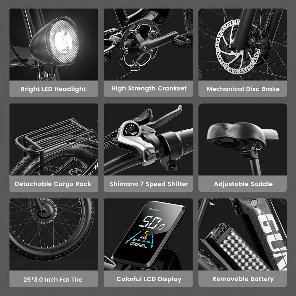 GUNAI GN68 Electric Bike, 2*1000 Motor, 48V 17.5Ah Battery, 26*3.0-inch Fat Tires, 50km/h Max Speed, 60miles Max Range, Shimano 7 Speed, Mechanical Disc Brake