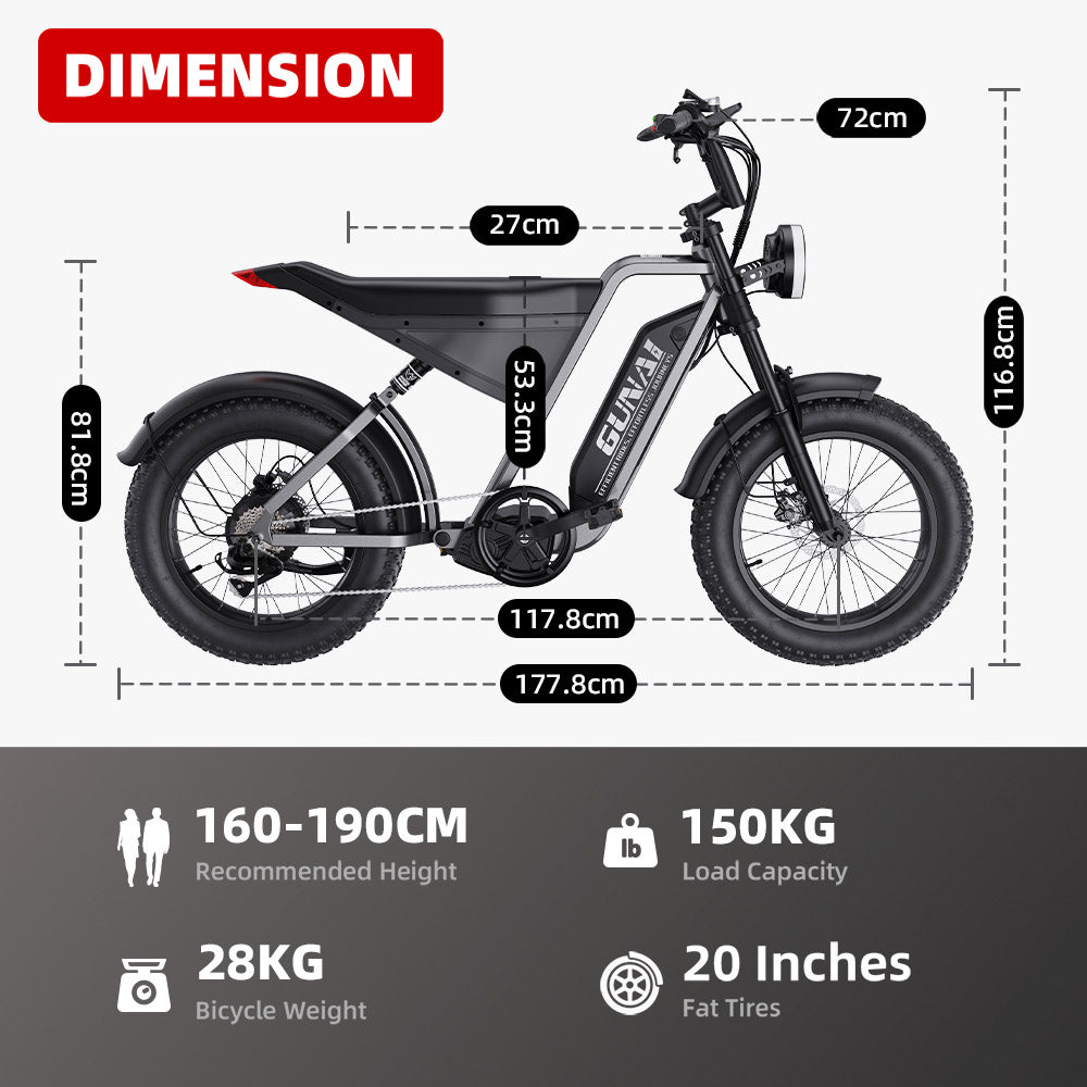 GUNAI-Y Electric Bike, 1000W Motor, 48V 18Ah Battery, 20*4.0-inch Fat Tires, 60km/h Max Speed, 100km Range, Hydraulic Disc Brake, Front & Rear Suspension, Shimano 7-Speed