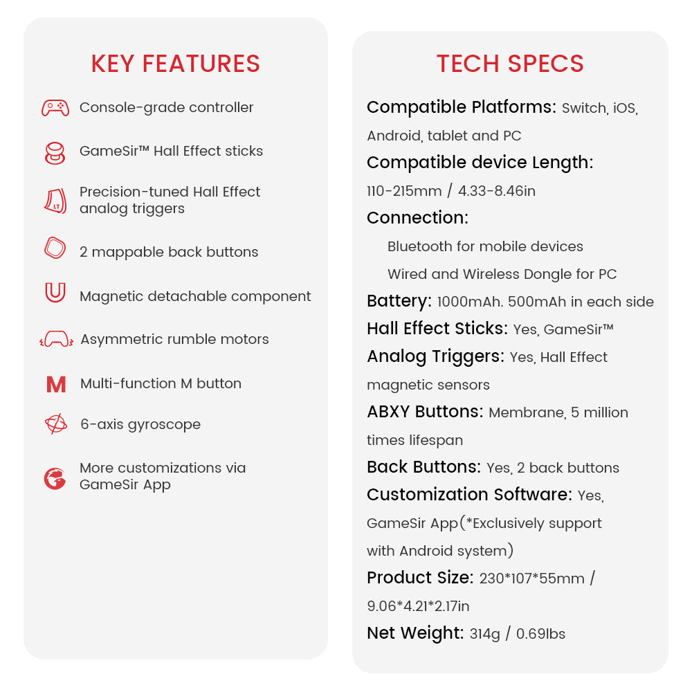 GameSir G8 Plus Bluetooth Game Controller, 6Axis Gryo, Hall Effect Sticks, 1000mAh Battery, Retractable Length 4.72-8.46inches, Compatible with Switch / iOS / Android / Tablet / PC