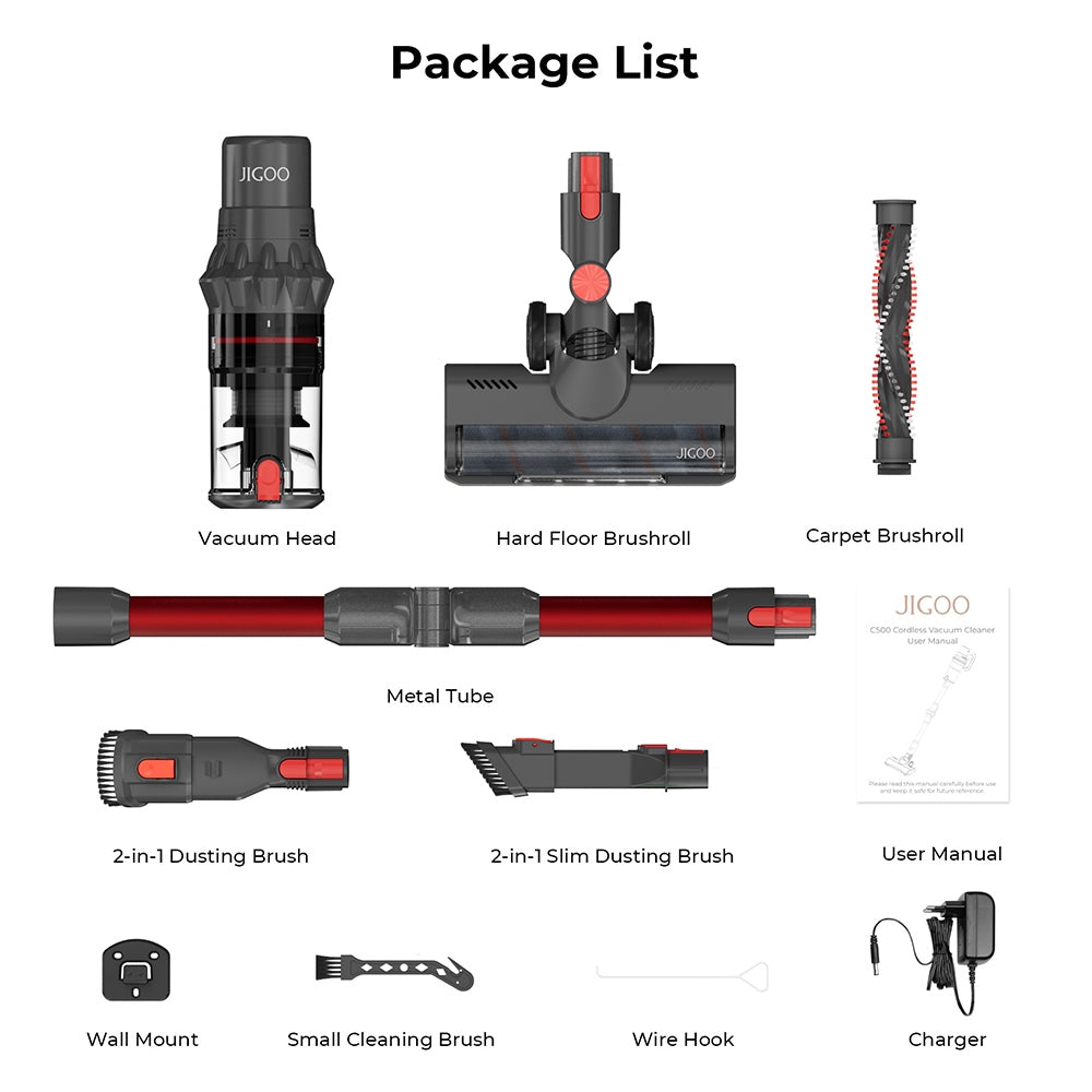 JIGOO C500 Cordless Vacuum Cleaner, 33KPa Suction, 500W Motor, Smart Dust Sensor, 1.2L Dust Cup, 5-Stage Filtration, Up to 60 Mins Runtime, 8x2200mAh Removable Batteries, LED Touch Screen, Rotatable Metal Tube - Red