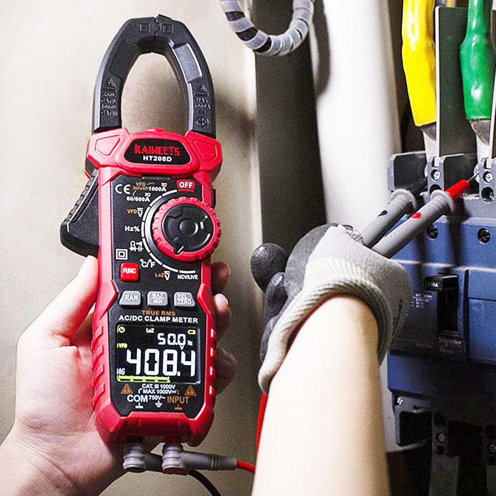 KAIWEETS HT208D INRUSH Clamp Meter, 1000 Amp AC/DC Current, 1000V AC/DC Voltage, NCV sensor, GFCI electrical outlets tester, Null Wire and Live Wire Testing