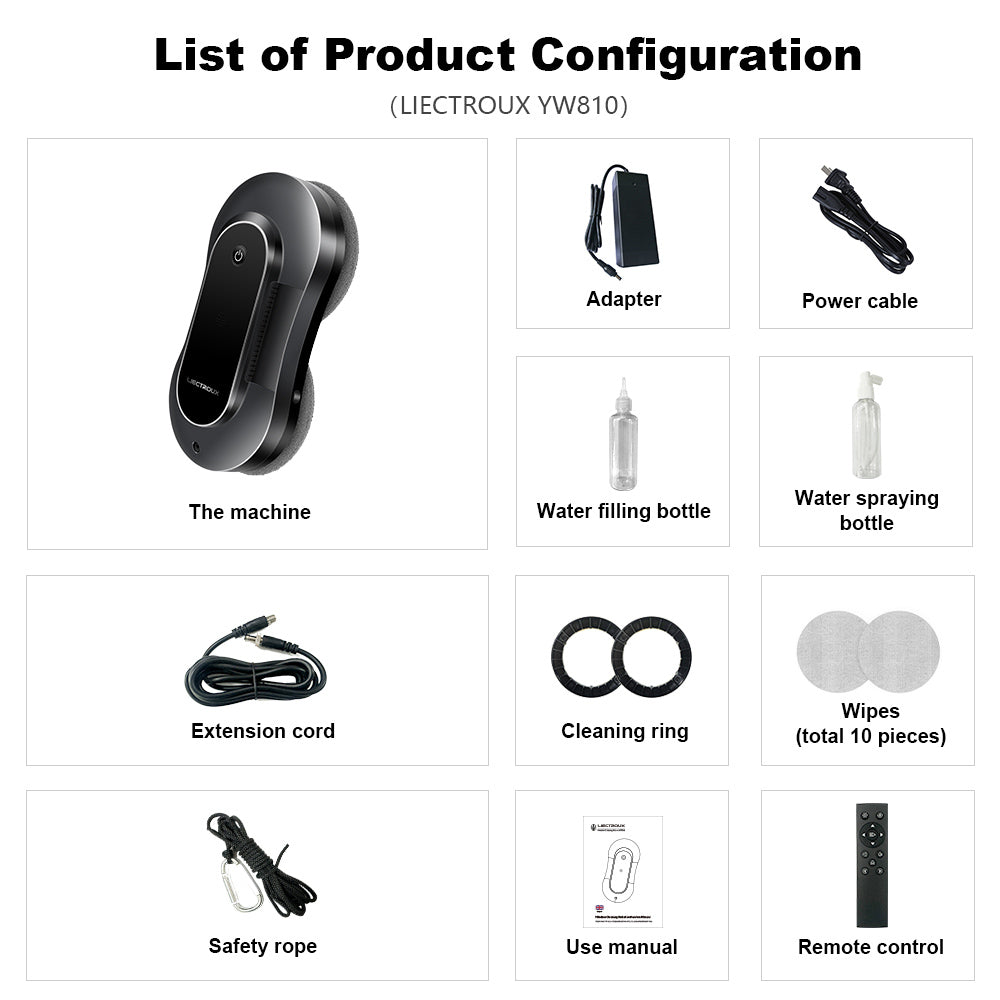 LIECTROUX YW810 Robot Window Cleaner, 2-Way Water Spray, Dry & Wet Mopping, AI Route, Brushless Motor & Fan, APP & Remote Control, Multiple Security Protection Ways, Black