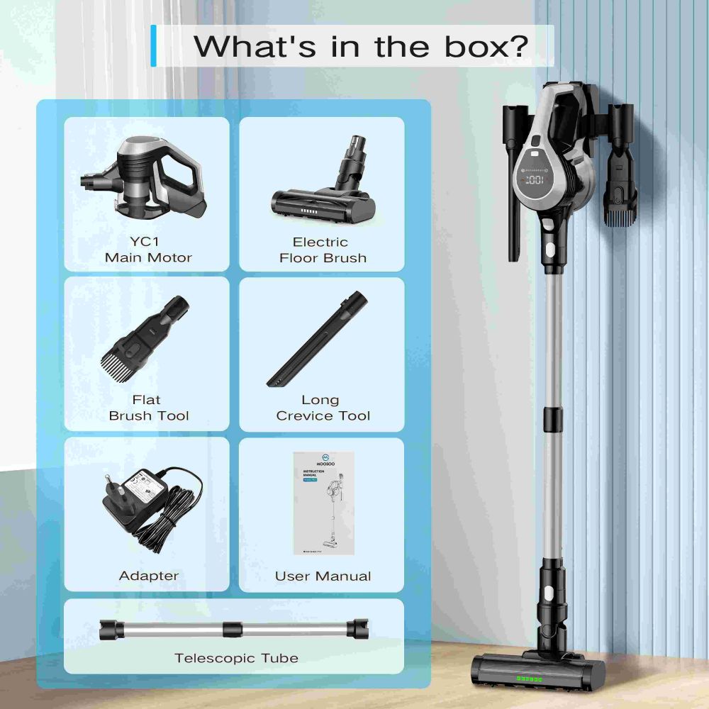MOOSOO YC1 Cordless Vacuum Cleaner, 12kPa High Suction, Up to 40min Runtinte, LED Display, Multi-Cyclone Filtration System, 0.8L Dustbin, Flexible Swivel Head, Green Light, Ergonomic Telescopic Tube, for Hard Floor Pet Hair Carpet