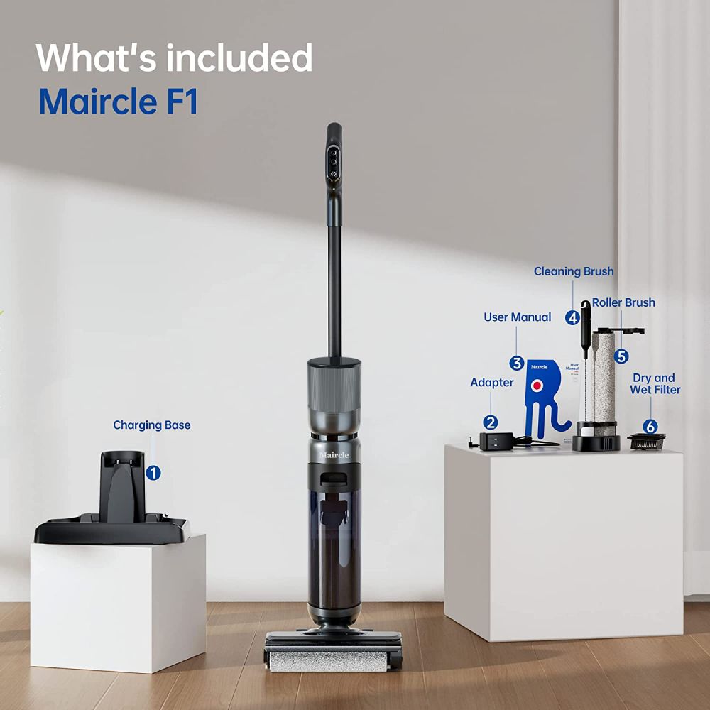 Maircle F1 Cordless Wet Dry Vacuum Cleaner, 16kPa Suction, 35min Runtime, LED Display, Self-propelled and Self-Cleaning, Voice Prompts, for Hardwood Floor and Sticky Messes