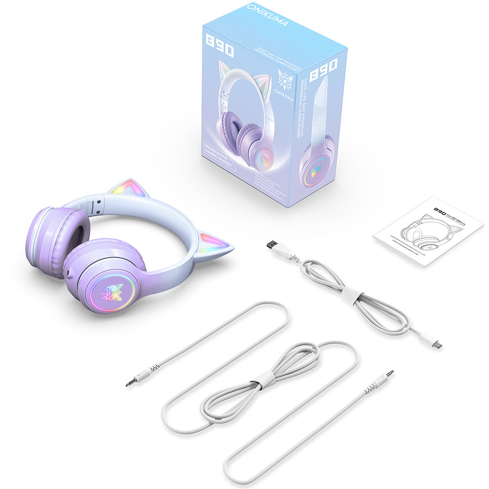 ONIKUMA B90 Cat Ear Wireless Bluetooth Headphones, RGB Lights, HD Microphone