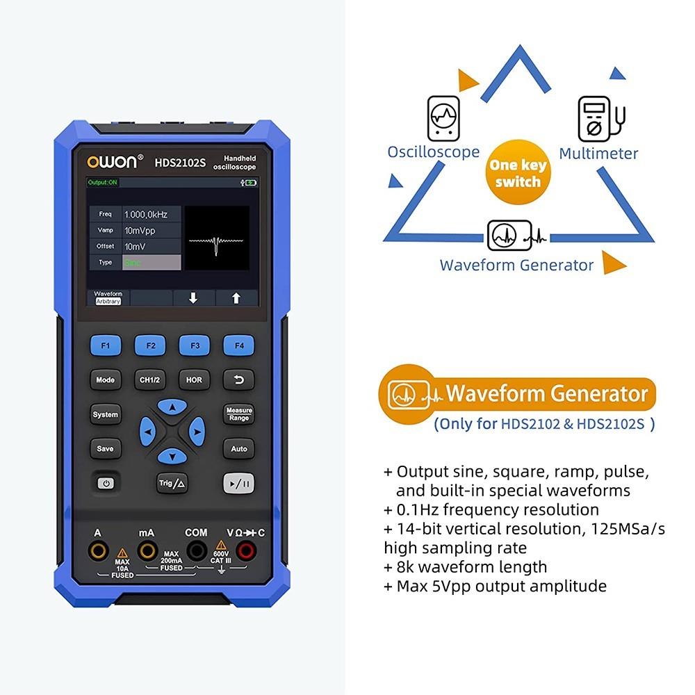 OWON HDS2102S 3 in 1 Digital Oscilloscope Multimeter Signal Generator, 100MHz Bandwidth, 500MSa/s Sampling Rate, 20000 Counts - EU Plug