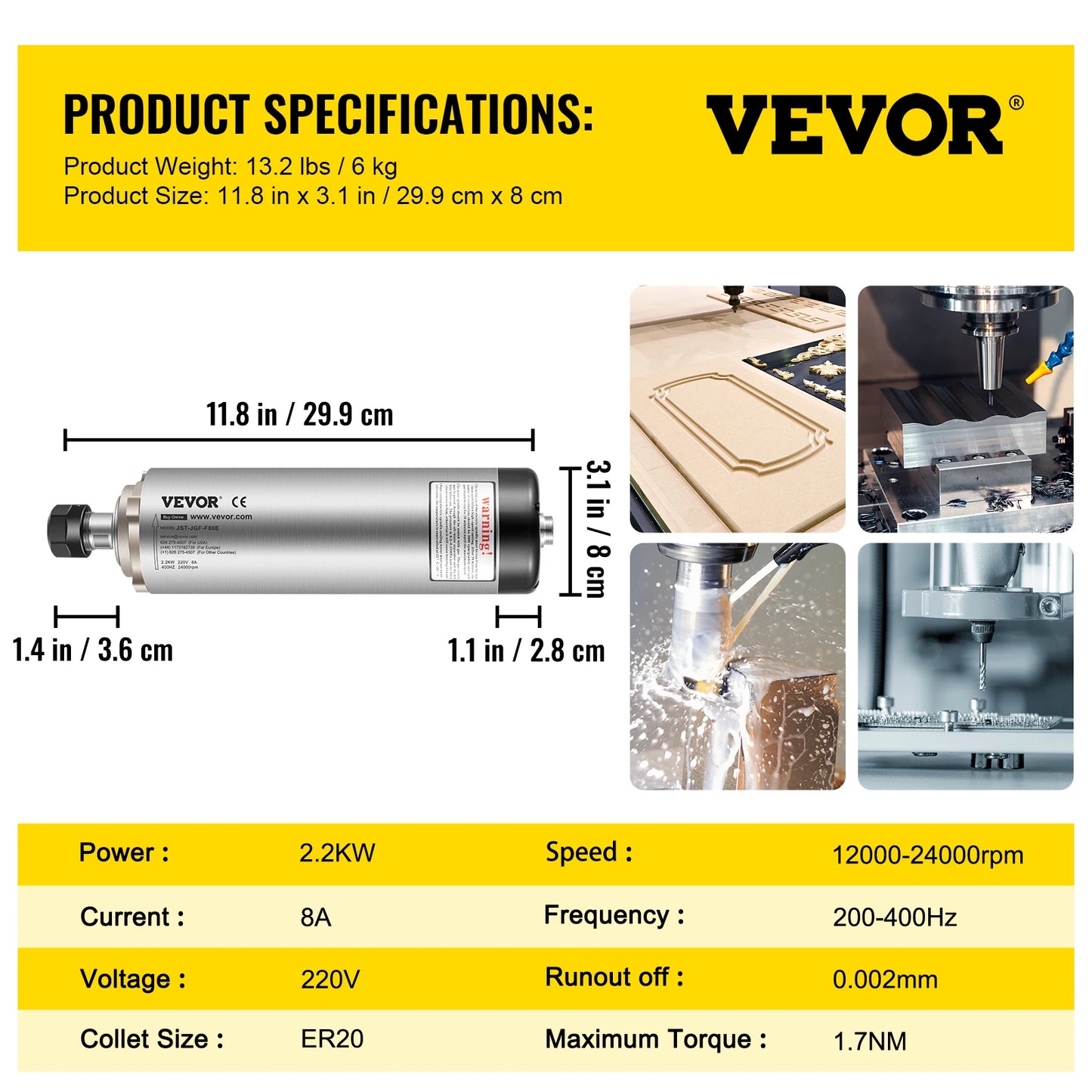 Vzduchem chlazený vřetenový motor VEVOR 0,8KW/1,5KW/2,2KW/3KW/4KW ER11/ER20/ER25 Collect pro použití na CNC routeru s gravírovací frézkou