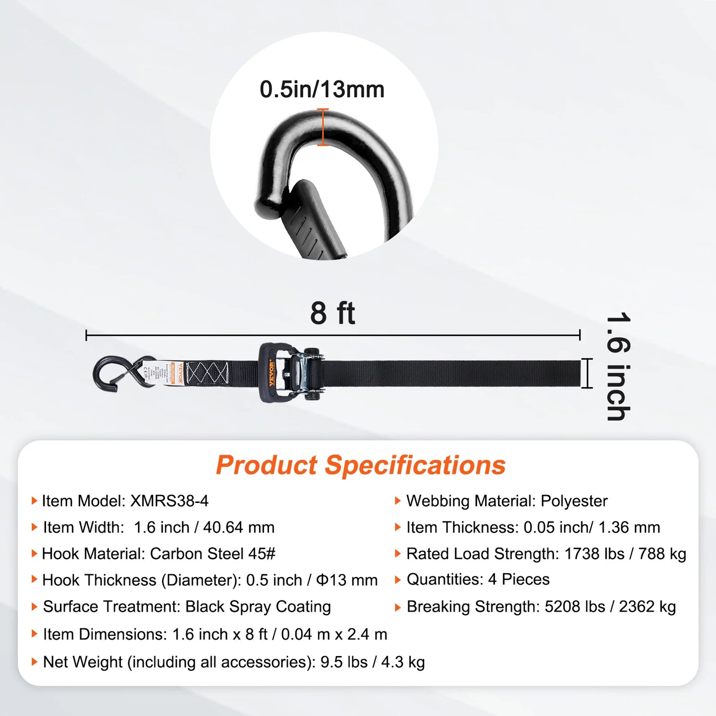 VEVOR 4ks Upevňovací popruhy přívěsu s ráčnou s polstrovanými rukojeťmi Hák Brzda Vázací pás pro pohyb Zajištění nákladního motocyklu