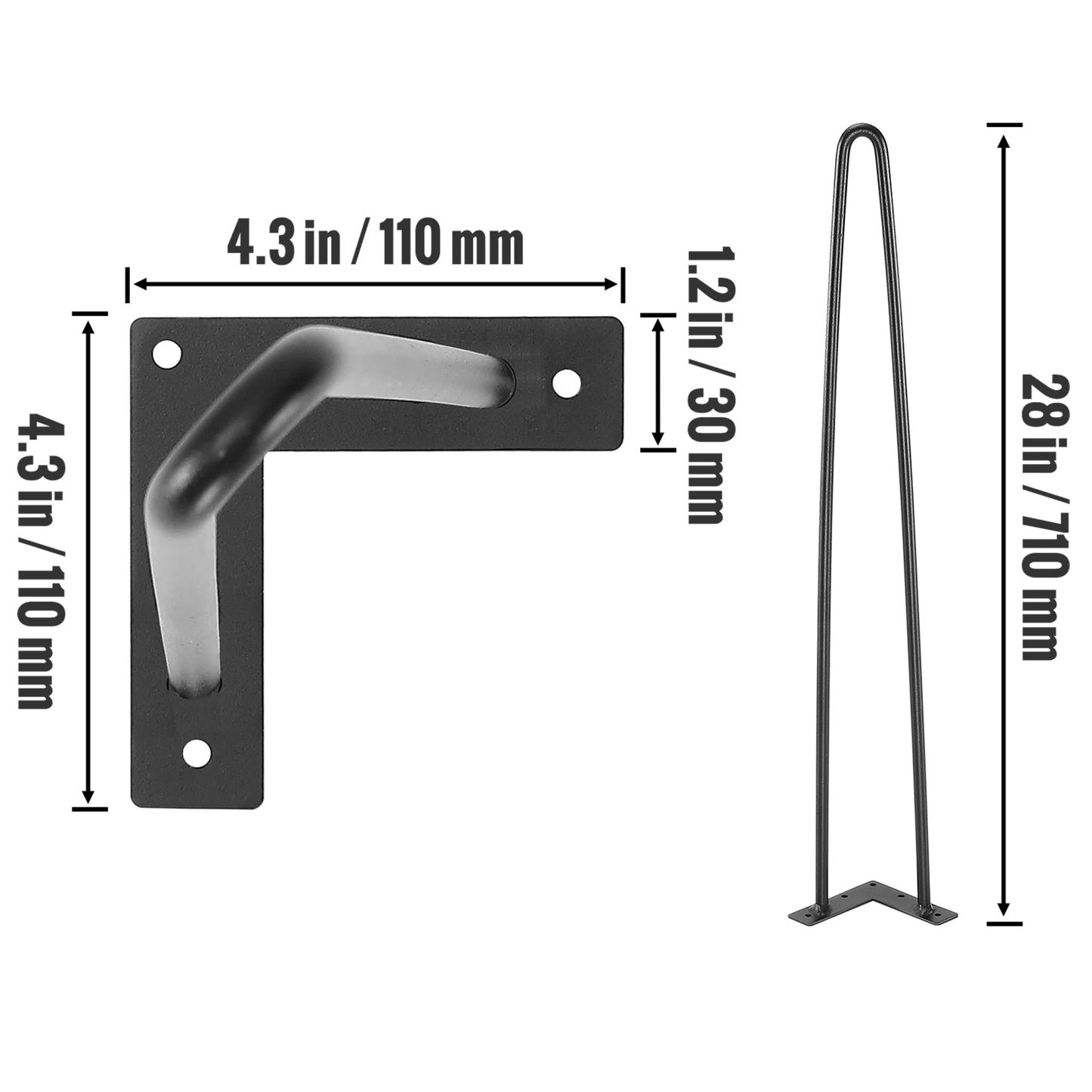 VEVOR 16palcové nábytkové nohy vlásenky 4ks Černé 500 lb Kovové robustní robustní nohy moderního stolu pro noční stolek Konferenční stolek