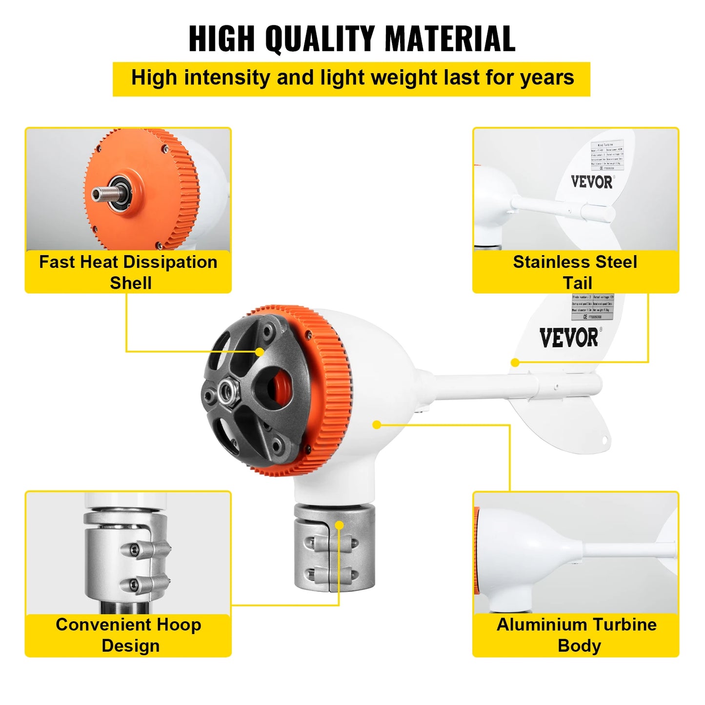 VEVOR Větrný generátor 12V AC 300W-500W Větrný generátor W/ MPPT ovladač 3 5 lopatek Automatické nastavení proti větru Domácí použití