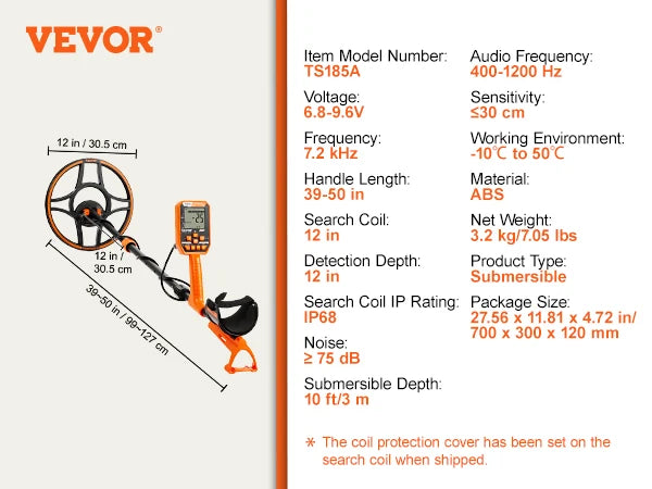 Profesionální dobíjecí detektor kovů VEVOR 12" IP68 vodotěsná cívka 39-50 in Nastavitelná s LCD 7 režimů pro hledání pokladů