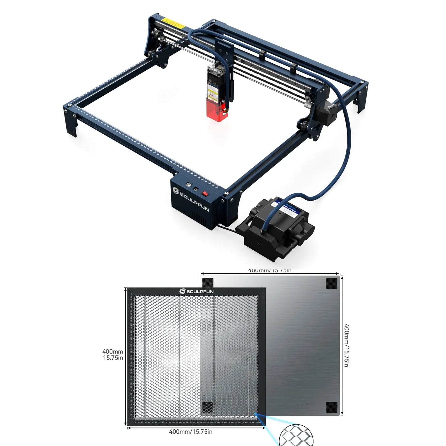 Laserový rycí stroj SCULPFUN S30 s voštinou a rotačním válečkem Automatický gravírovací systém Air-assis 410x400mm Plocha gravírování