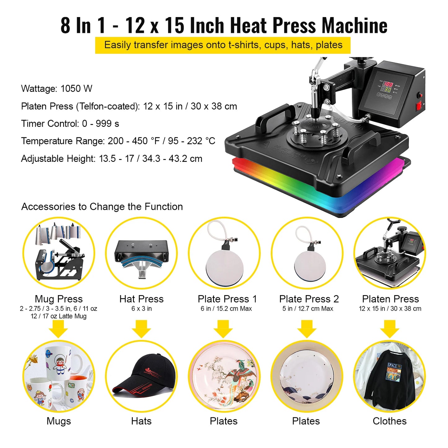 VEVOR 5 6 8 v 1 Heat Press Machine Tričko Heat Transfer Printer Multifunkční sublimace pro hrnek/latte Hrnek/klobouk/talíř/lahev