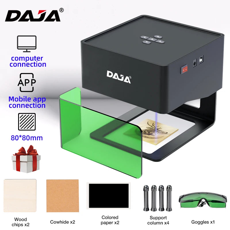 DAJA DJ6 Mini přenosný laserový rytec Diy Bluetooth stroj Malovaná psí známka Papír Kůže Dřevěné Plastové Logo CNC Stroj