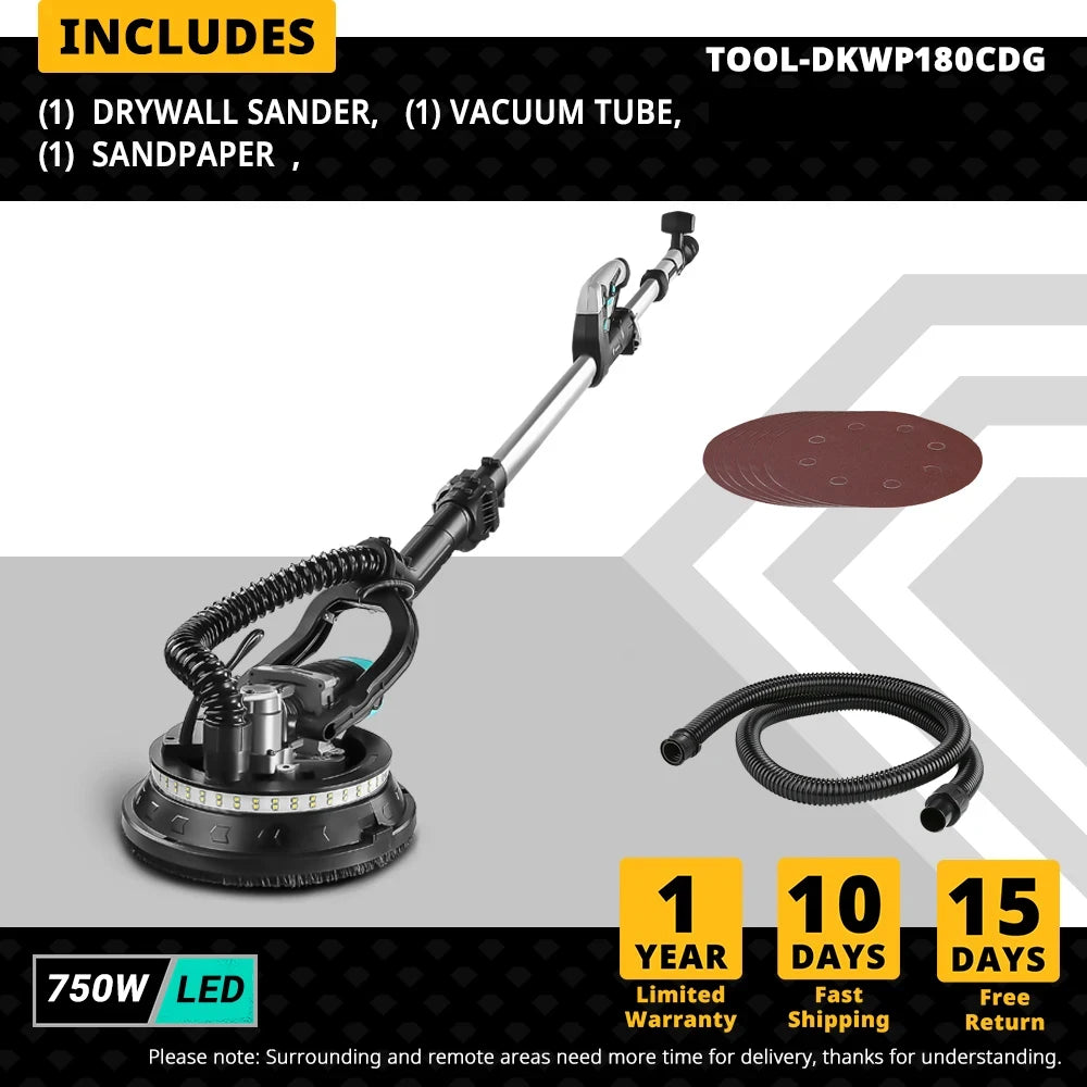 DEKO DKWP180CDLD/DKWP180CD 900W Bruska na sádrokartonové desky Přenosný lešticí stroj s brusným papírem LED Light and Dust Clooect Bag