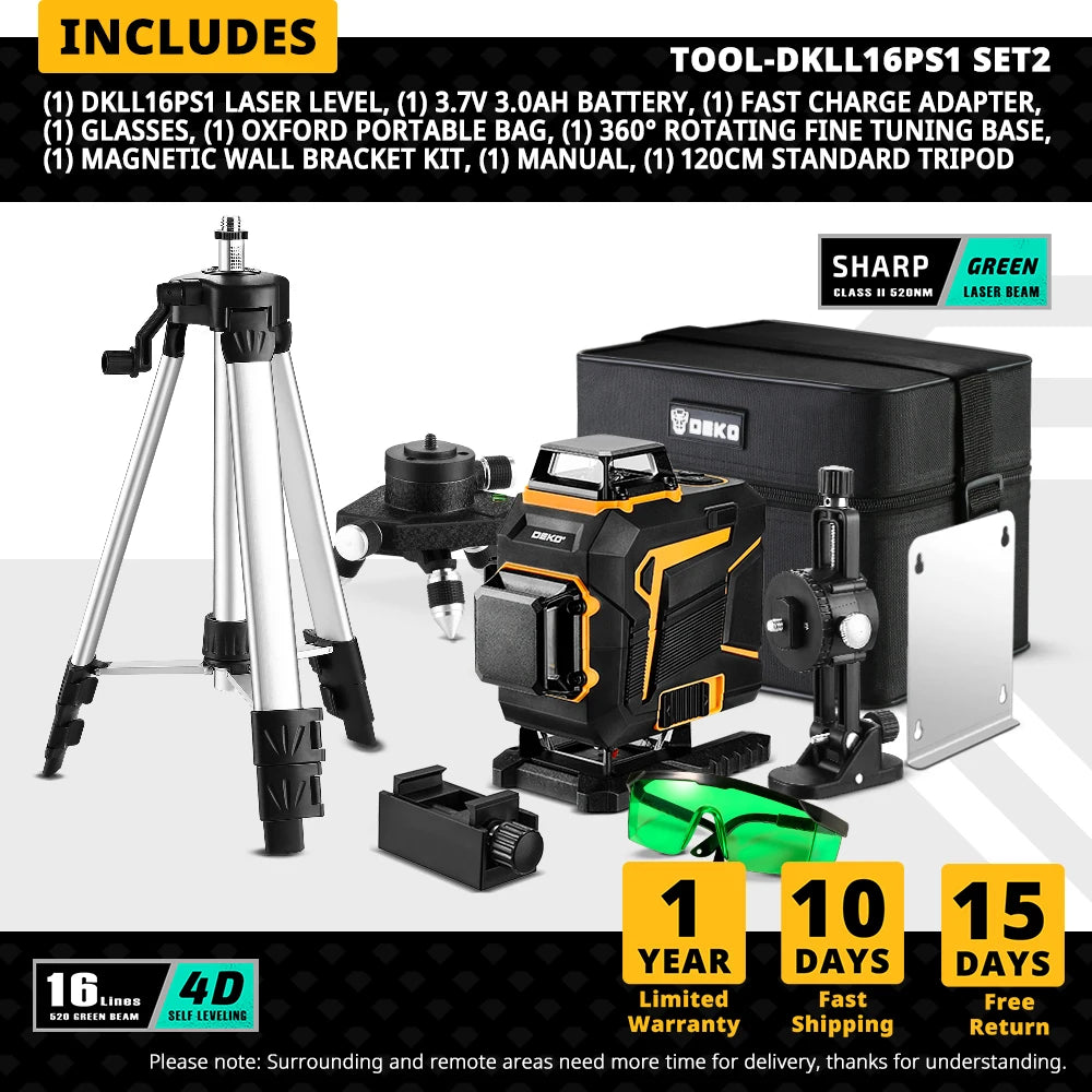 DEKO 4D 16řádkový samonivelační laserový nivelační stroj 360 horizontální a vertikální příčný laserový paprsek se zeleným laserovým paprskem se stativem