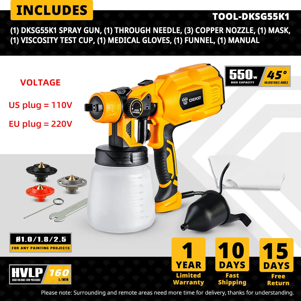 EU/US zástrčka DEKO DKSG55K1 stříkací pistole, 220V/110V 550W vysoce výkonný domácí elektrický stříkací pistole na barvy, 3 trysky Snadné stříkání pro domácí kutily
