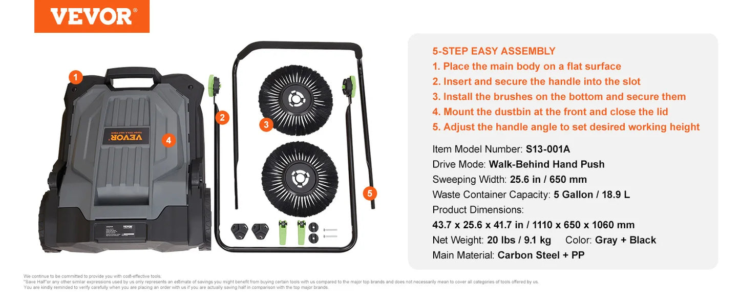 Ruční zametací stroj VEVOR s ručním posuvem 25,6" zametací stroj se šířkou zametání 5 galonů nádoby na odpad Nastavitelný úhel a výška