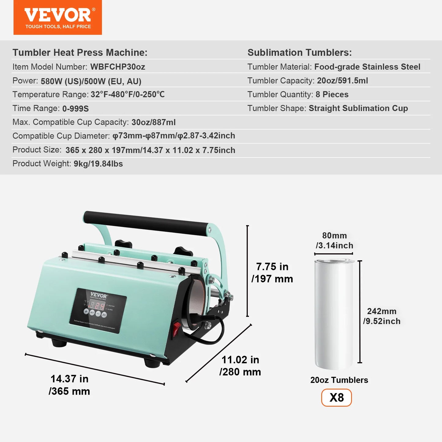 VEVOR Tumbler Heat Press Machine a sublimační skleničky Sada kelímků s 8ks 20OZ prázdných sklenic Lis na hrnky
