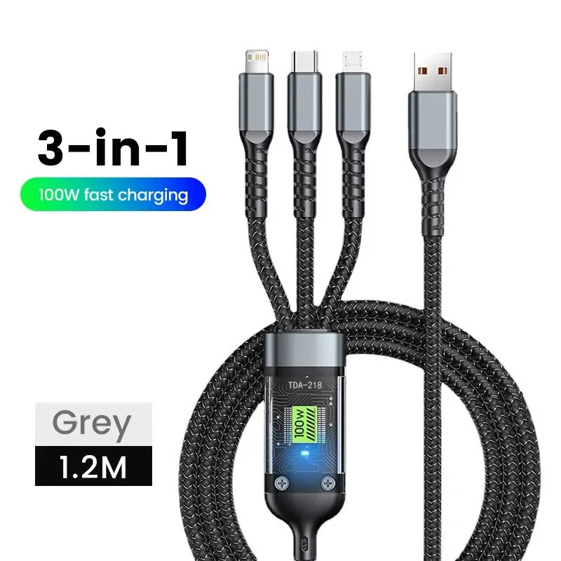 100/66W kabel 3v1 Kabel micro USB typu C pro iPhone 15 14 13 Pro Max Huawei Xiaomi Samsung S23 S22 Super rychlý nabíjecí kabel