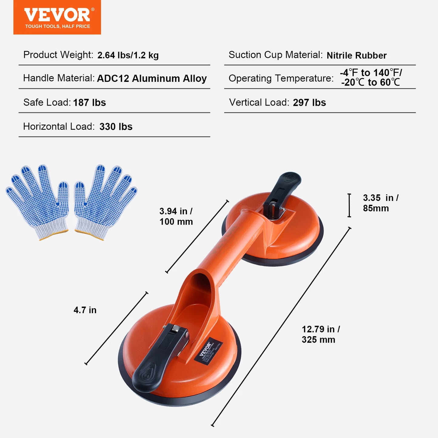 VEVOR 4,7" 2 Pack 330 lbs Vysavač na skleněné vysavače s hliníkovou rukojetí pro zvedání skleněné žulové dlaždice kovového dřevěného panelu