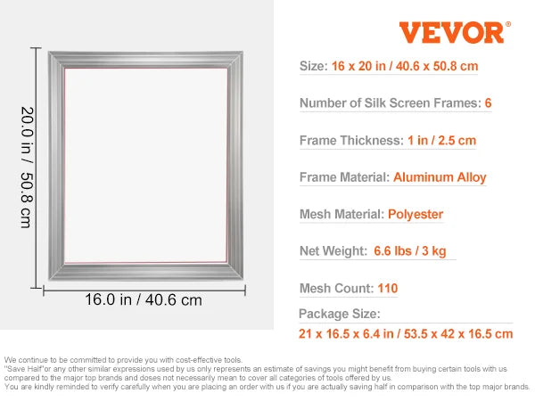 Sada pro sítotisk VEVOR 6 PC 10x14 palcový hliníkový sítotiskový rám Sítotiskový rám napínací nylonová síťovina