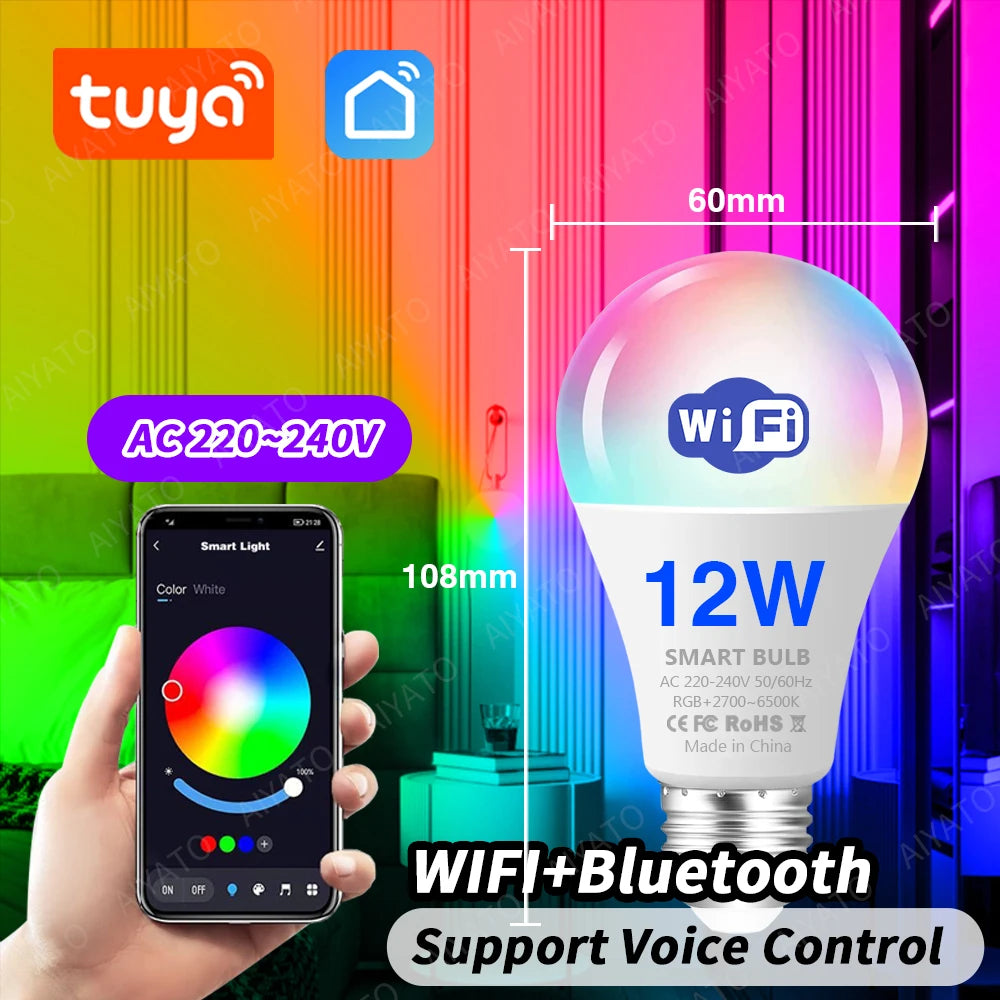 Tuya WIFI Bluetooth LED žárovka Smart Life Ovládání APP Stmívatelné 9W 18W E27 220V RGB+CW+WW Lampy pro změnu barvy Kompatibilní IOS/Android