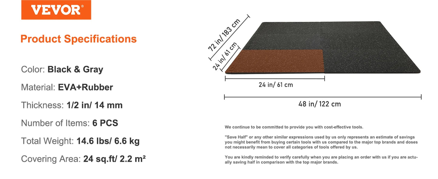 VEVOR 25/12/6 PCS 1/2 palcové tlusté podložky do tělocvičny EVA pěna a guma svrchní zámkové podložky na cvičení vodotěsné podložky na cvičení