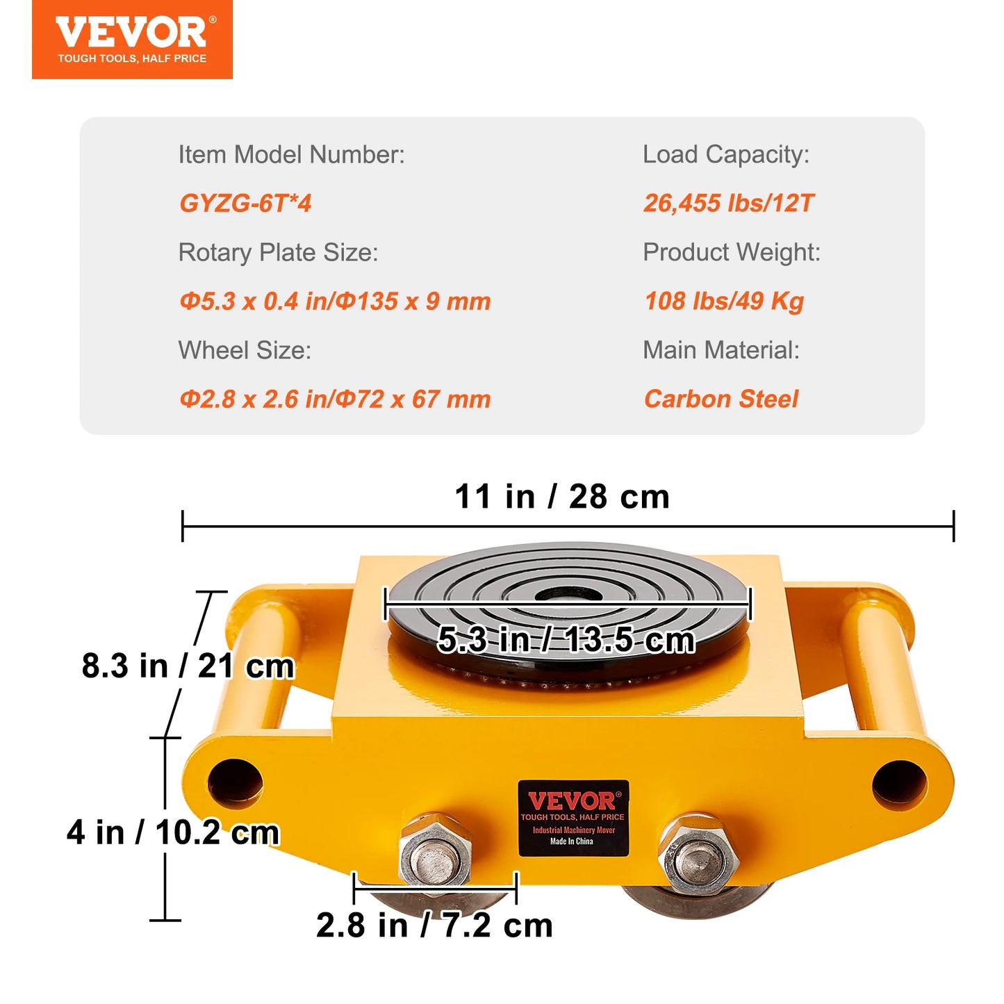 VEVOR 6T Machinery Skate Dolly Industrial Mover se 4 PU kolečky a protiskluzovou čepičkou otočnou o 360° pro skladovou dílnu