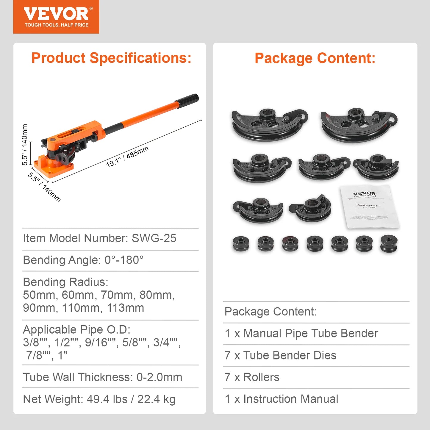 Ruční ohýbačka trubek VEVOR 7 ohýbacích čelistí Multifunkční ohýbačka ocelových měděných trubek Pákový typ Nástroje pro ohýbačky trubek pro velké zatížení