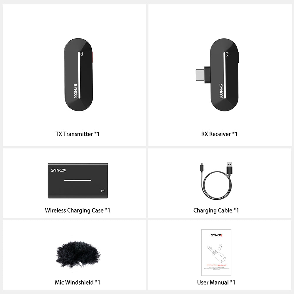 SYNCO P1S Wireless Condenser Microphone for Type-C Android Devices, Auto Contact Pairing, 150m Transmission - Type-C Receiver