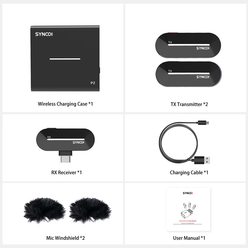 SYNCO P2S Wireless Condenser Microphone for Type-C Android Devices, Auto Pairing, 150m Transmission, Fast Charging - Type-C Receiver