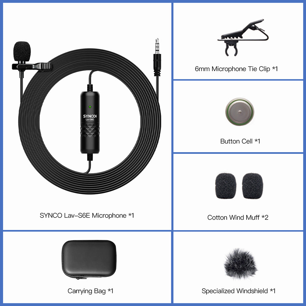 SYNCO S6E Omnidirectional Recording Lavalier Microphone, Auto-Pairing, Omnidirectional Pickup Pattern