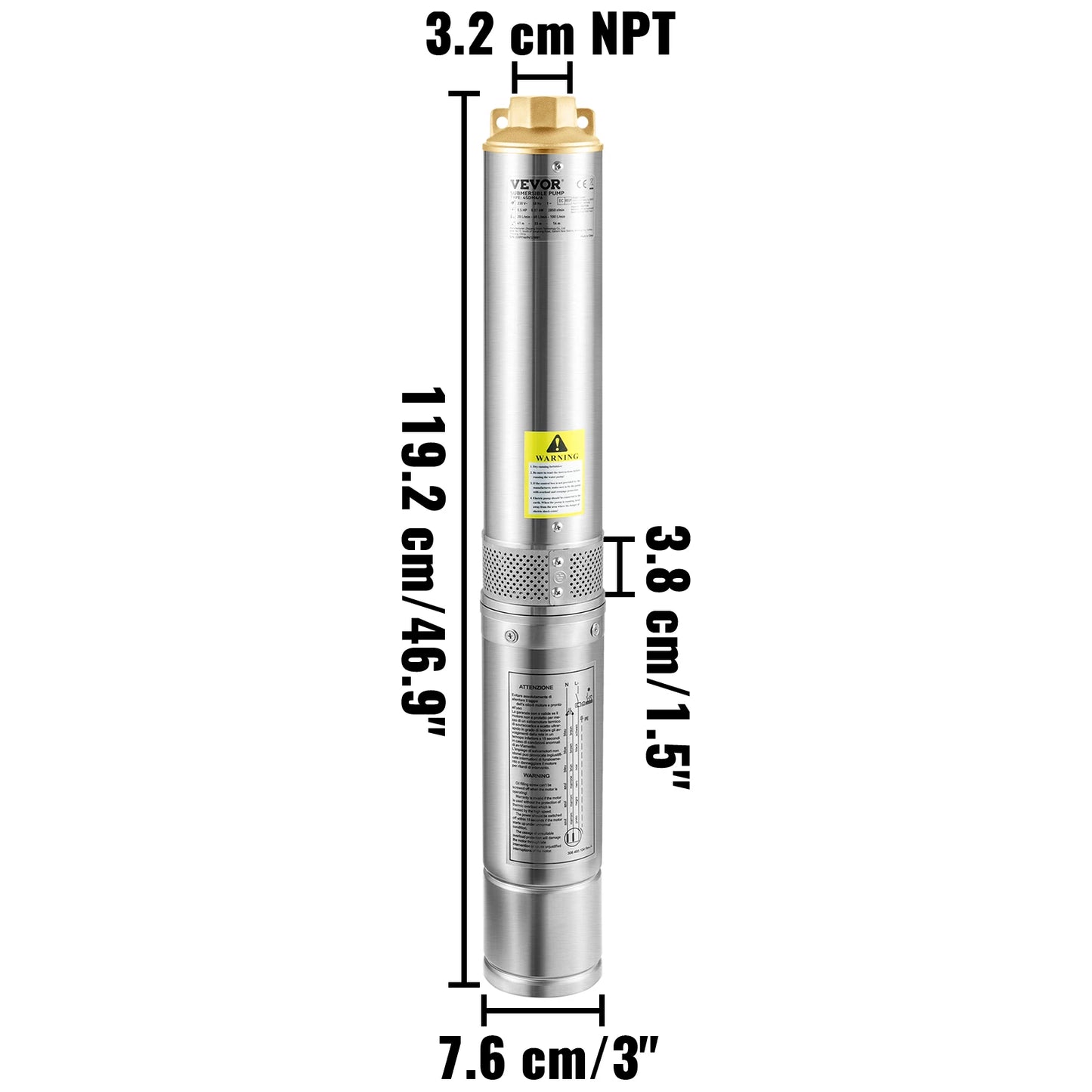 VEVOR Hlubinné ponorné čerpadlo 750 W 20 m elektrický kabel 7,6 cm Nerezová vodní čerpadla pro průmyslové zavlažování a domácí použití