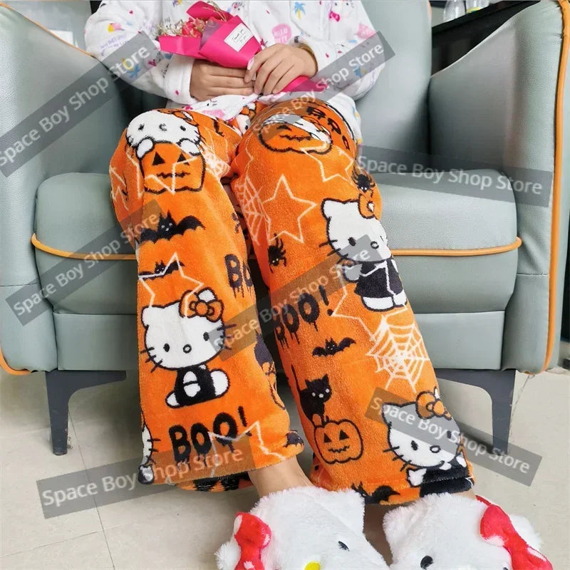 Hello Kitty Pyžamové kalhoty Sanrio Anime Fleece Double Elastic Fabric Měkké kalhoty Nové Dámské Kalhoty Kawaii Kreslený dárek k narozeninám