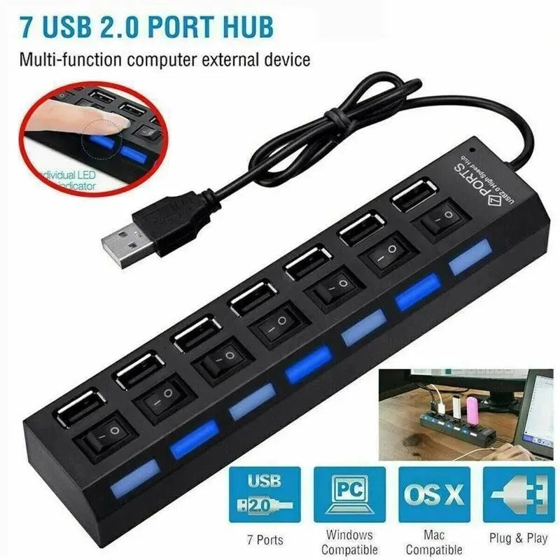 USB HUB USB Switch Hub 2.0 Adaptér Vysokorychlostní Multi 7 portů Hub USB Zapnuto Vypnuto Přenosný rozbočovač pro počítač Laptop