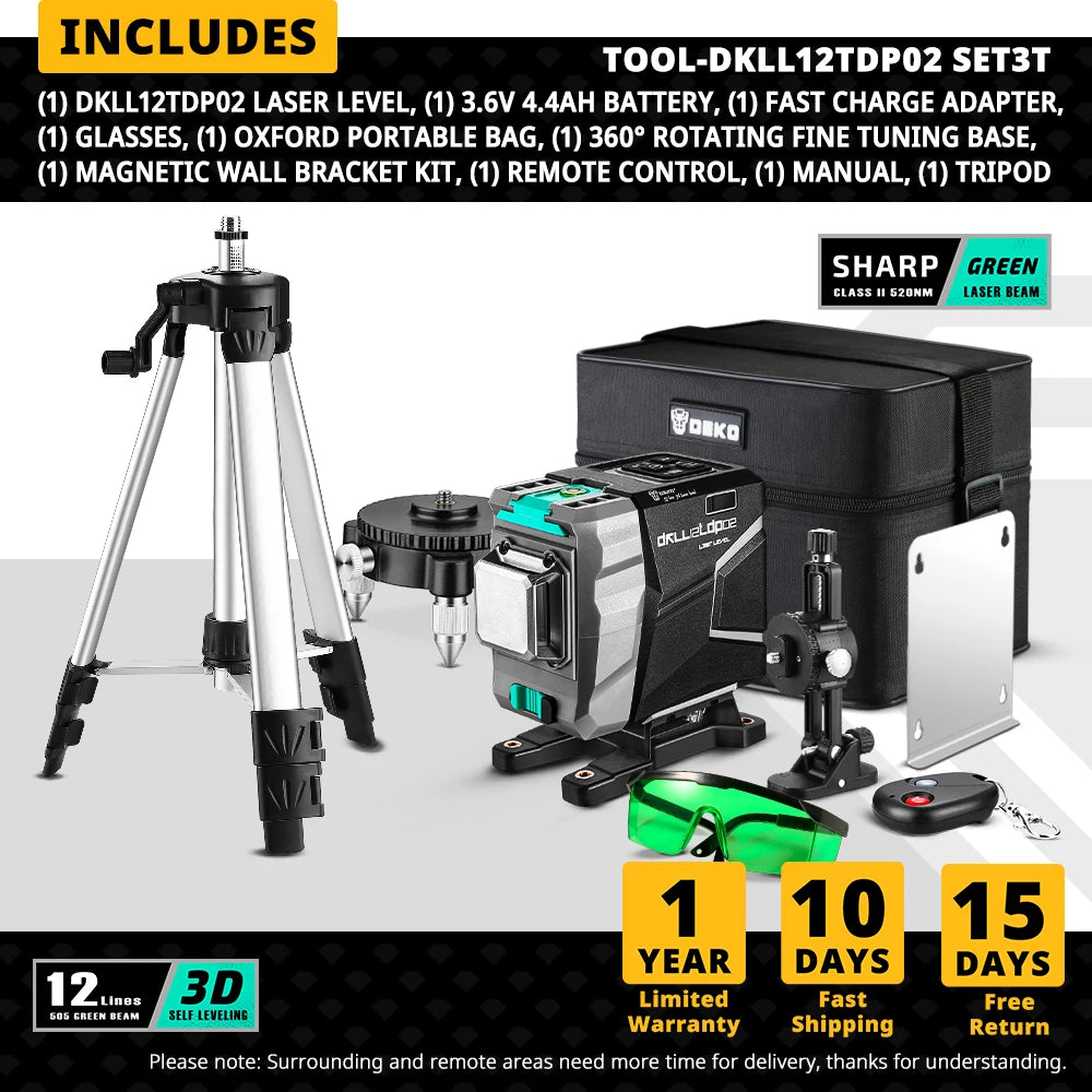 DEKO Nová řada DKLL12tdP02 12 čar 3D zelená laserová vodováha Horizontální a vertikální křížové čáry Vysoce přesné, automatické samonivelace